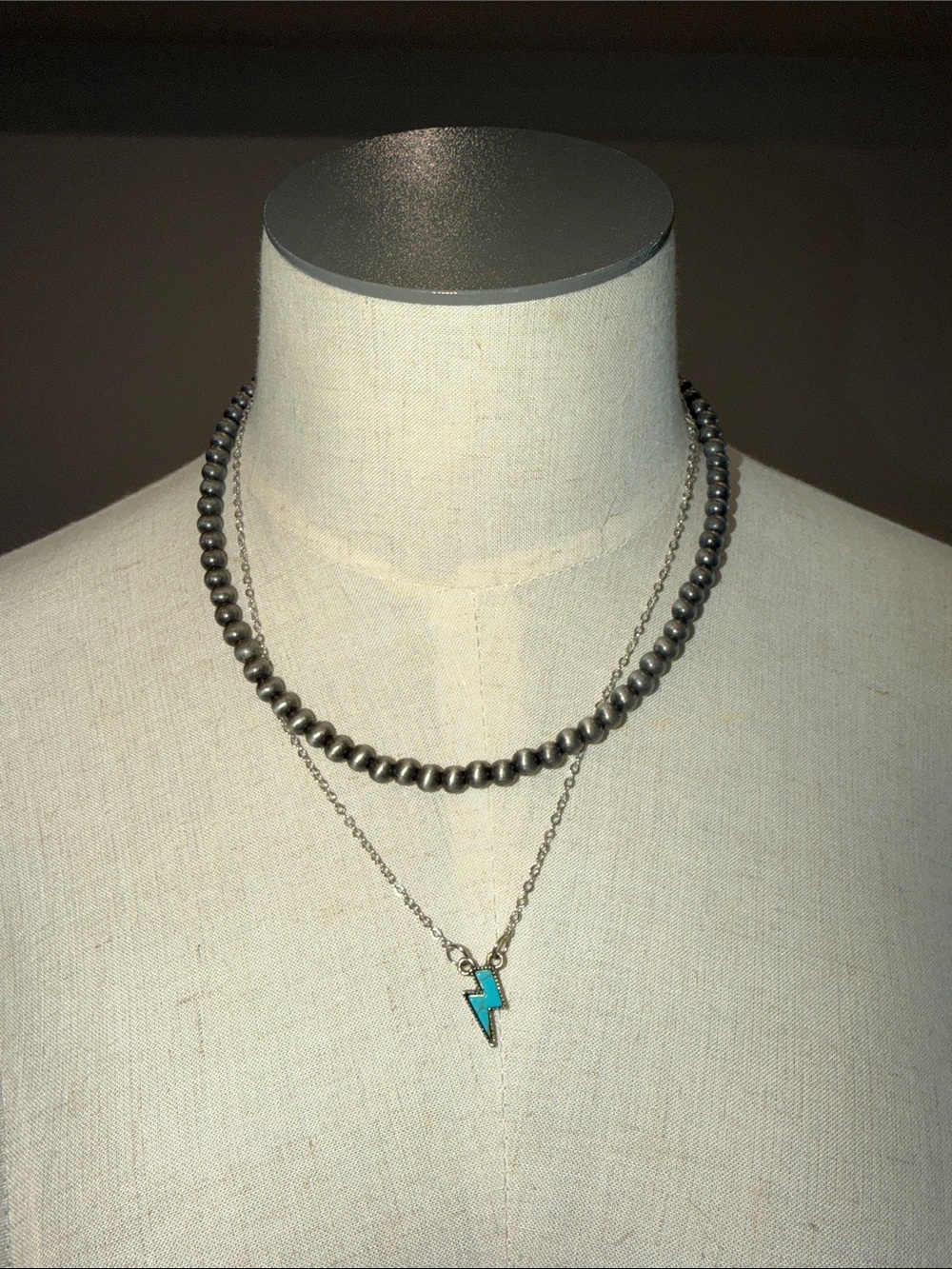 Silver Beaded Necklace with Turquoise Lightning Pendant